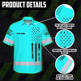 Hi Vis Hawaiian American Flag Shirt, Blue Neon Custom Name Reflective Short Sleeve Button-up Safety Shirt for Workers