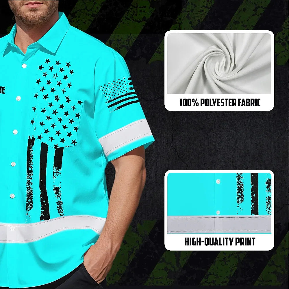Hi Vis Hawaiian American Flag Shirt, Blue Neon Custom Name Reflective Short Sleeve Button-up Safety Shirt for Workers
