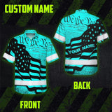 Hi Vis Hawaiian American Flag Shirt, Blue Neon Custom Name Reflective Short Sleeve Button-up Safety Shirt for Workers
