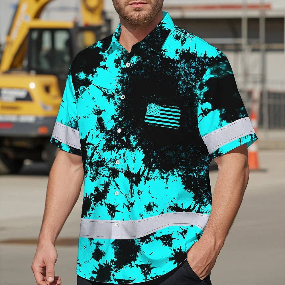 Hi Vis Hawaiian American Flag Shirt, Blue Neon Custom Name Reflective Short Sleeve Button-up Safety Shirt for Workers
