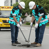 Hi Vis Hawaiian American Flag Shirt, Blue Neon Custom Name Reflective Short Sleeve Button-up Safety Shirt for Workers
