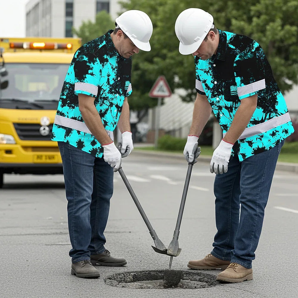 Hi Vis Hawaiian American Flag Shirt, Blue Neon Custom Name Reflective Short Sleeve Button-up Safety Shirt for Workers