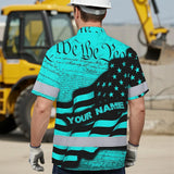 Hi Vis Hawaiian American Flag Shirt, Blue Neon Custom Name Reflective Short Sleeve Button-up Safety Shirt for Workers