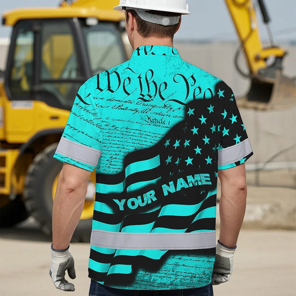 Hi Vis Hawaiian American Flag Shirt, Blue Neon Custom Name Reflective Short Sleeve Button-up Safety Shirt for Workers