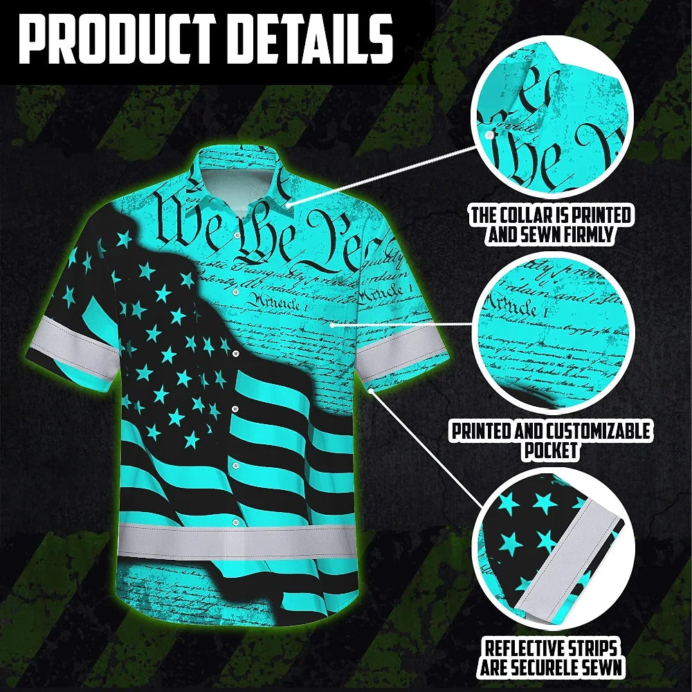 Hi Vis Hawaiian American Flag Shirt, Blue Neon Custom Name Reflective Short Sleeve Button-up Safety Shirt for Workers