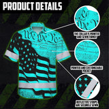 Hi Vis Hawaiian American Flag Shirt, Blue Neon Custom Name Reflective Short Sleeve Button-up Safety Shirt for Workers