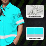 Hi Vis Hawaiian American Flag Shirt, Blue Neon Custom Name Reflective Short Sleeve Button-up Safety Shirt for Workers