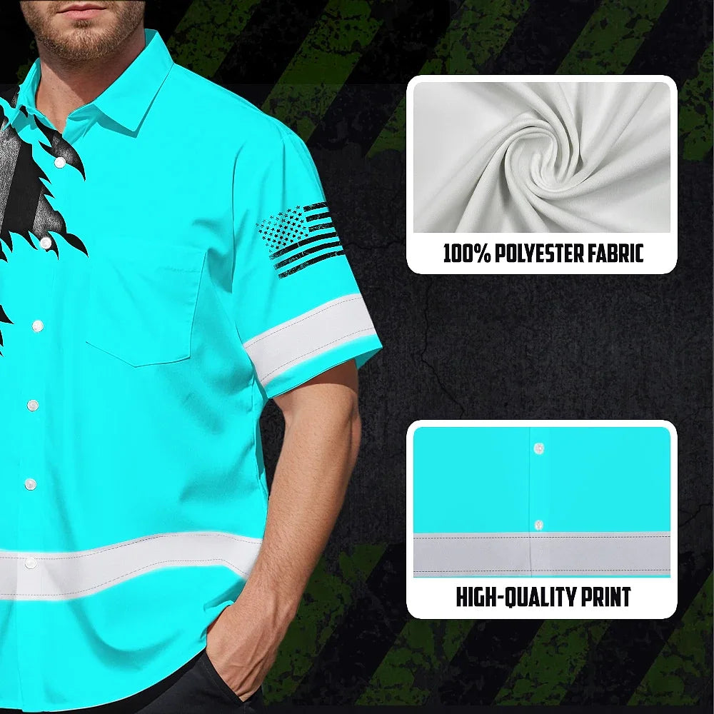 Hi Vis Hawaiian American Flag Shirt, Blue Neon Custom Name Reflective Short Sleeve Button-up Safety Shirt for Workers
