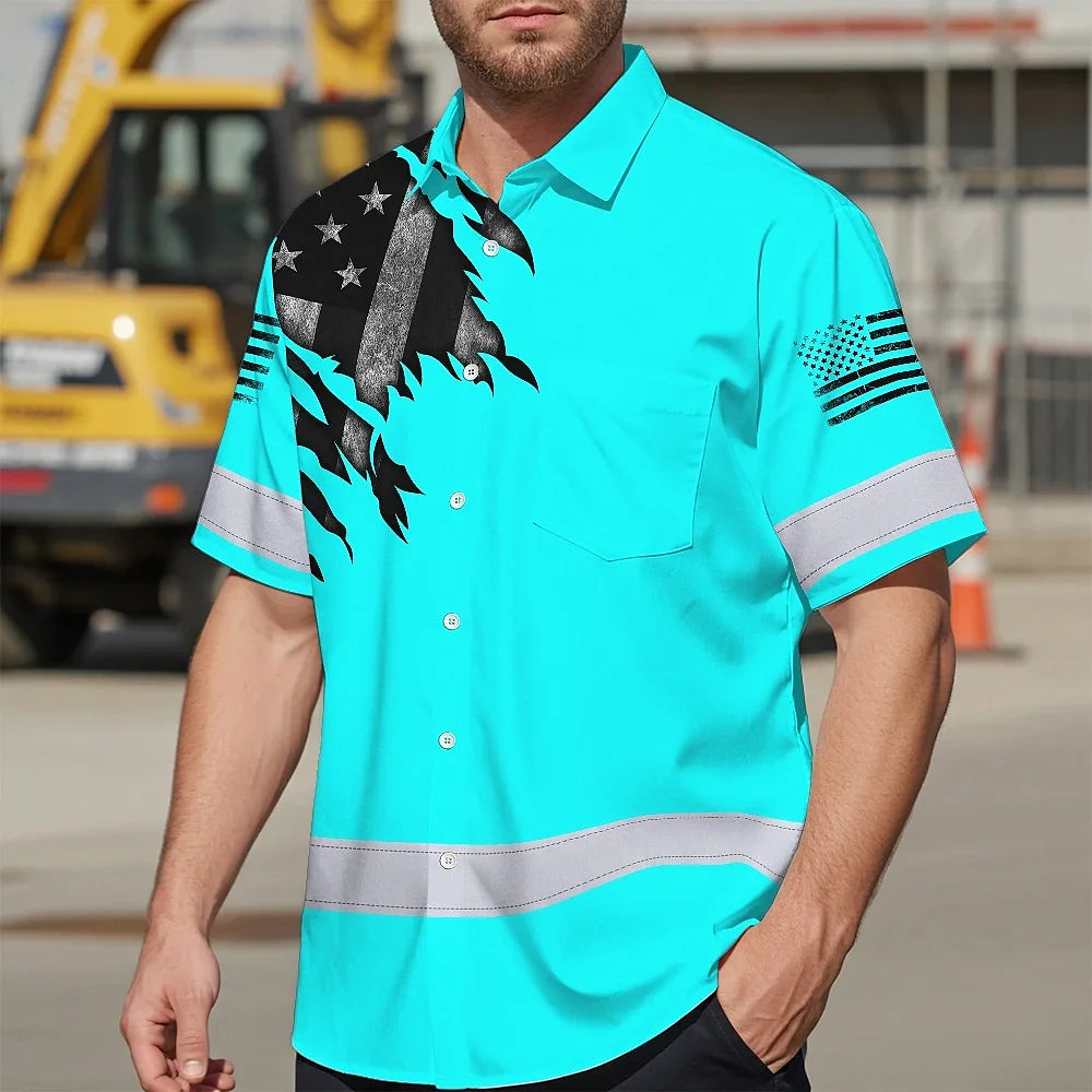 Hi Vis Hawaiian American Flag Shirt, Blue Neon Custom Name Reflective Short Sleeve Button-up Safety Shirt for Workers