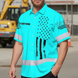 Hi Vis Hawaiian American Flag Shirt, Blue Neon Custom Name Reflective Short Sleeve Button-up Safety Shirt for Workers