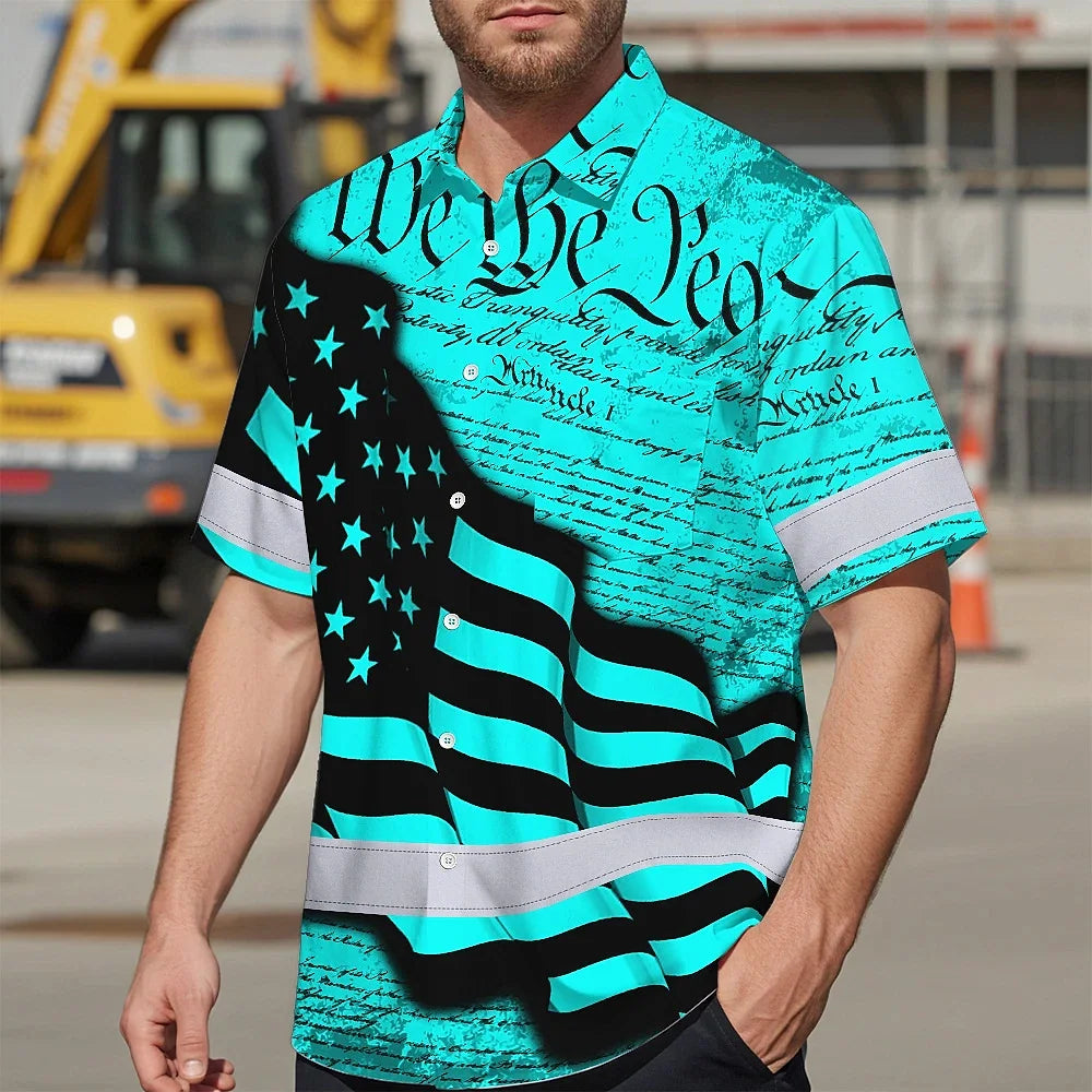 Hi Vis Hawaiian American Flag Shirt, Blue Neon Custom Name Reflective Short Sleeve Button-up Safety Shirt for Workers