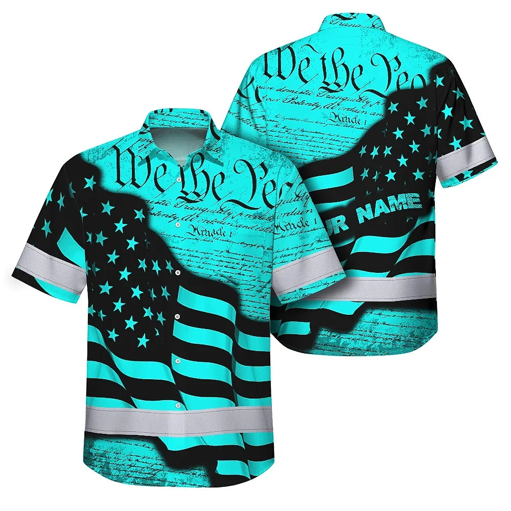 Hi Vis Hawaiian American Flag Shirt, Blue Neon Custom Name Reflective Short Sleeve Button-up Safety Shirt for Workers