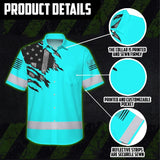 Hi Vis Hawaiian American Flag Shirt, Blue Neon Custom Name Reflective Short Sleeve Button-up Safety Shirt for Workers