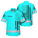 Hi Vis Hawaiian American Flag Shirt, Blue Neon Custom Name Reflective Short Sleeve Button-up Safety Shirt for Workers