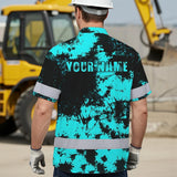 Hi Vis Hawaiian American Flag Shirt, Blue Neon Custom Name Reflective Short Sleeve Button-up Safety Shirt for Workers