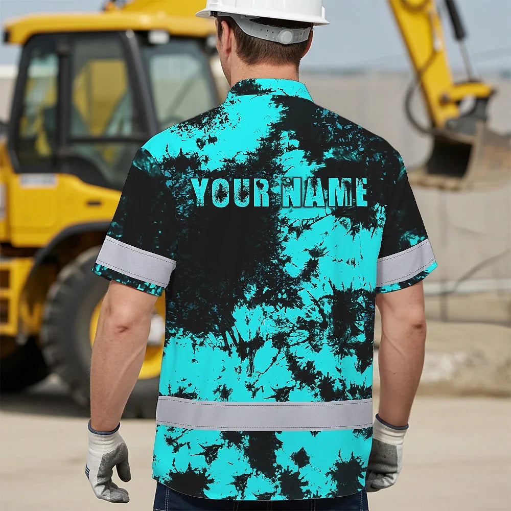 Hi Vis Hawaiian American Flag Shirt, Blue Neon Custom Name Reflective Short Sleeve Button-up Safety Shirt for Workers