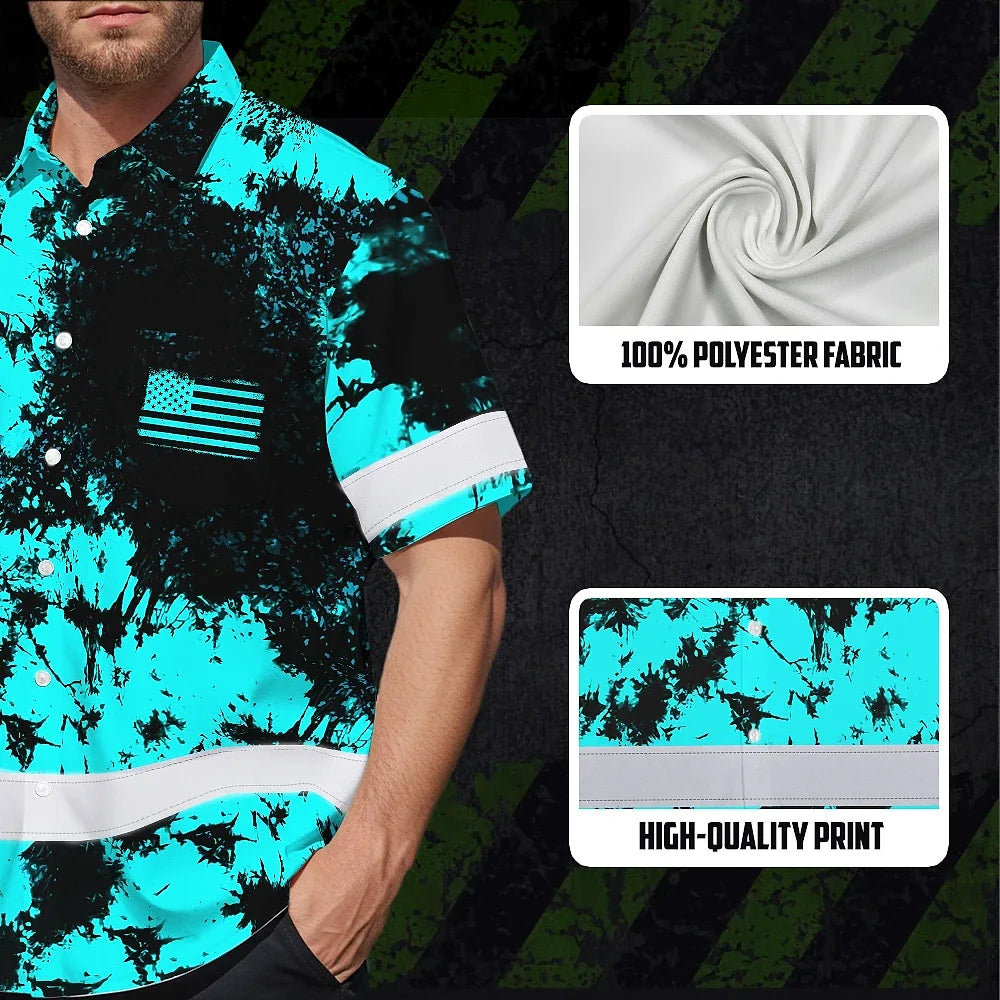Hi Vis Hawaiian American Flag Shirt, Blue Neon Custom Name Reflective Short Sleeve Button-up Safety Shirt for Workers