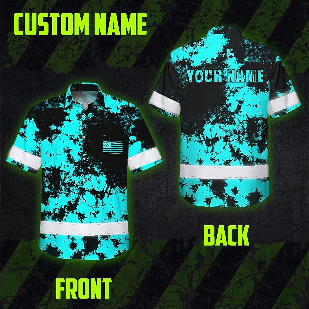 Hi Vis Hawaiian American Flag Shirt, Blue Neon Custom Name Reflective Short Sleeve Button-up Safety Shirt for Workers
