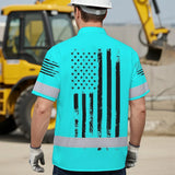Hi Vis Hawaiian American Flag Shirt, Blue Neon Custom Name Reflective Short Sleeve Button-up Safety Shirt for Workers