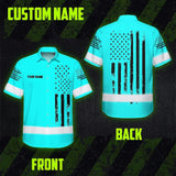 Hi Vis Hawaiian American Flag Shirt, Blue Neon Custom Name Reflective Short Sleeve Button-up Safety Shirt for Workers