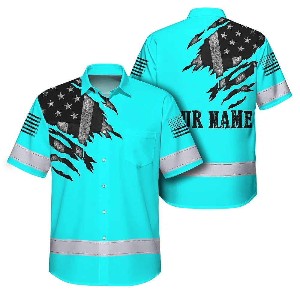 Hi Vis Hawaiian American Flag Shirt, Blue Neon Custom Name Reflective Short Sleeve Button-up Safety Shirt for Workers