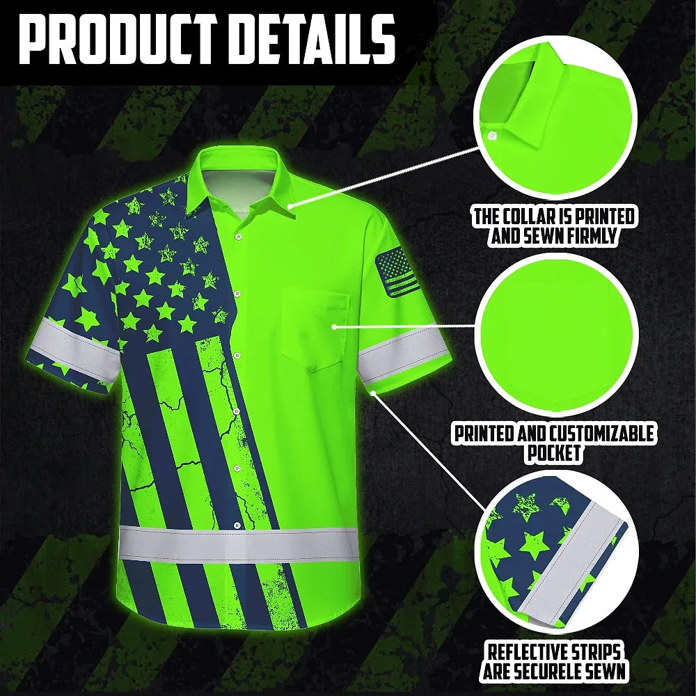 Hi Vis Hawaiian American Flag Shirt, Green Neon Custom Name Reflective Short Sleeve Button-up Safety Shirt for Workers