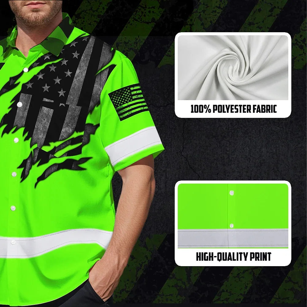 Hi Vis Hawaiian American Flag Shirt, Green Neon Custom Name Reflective Short Sleeve Button-up Safety Shirt for Workers
