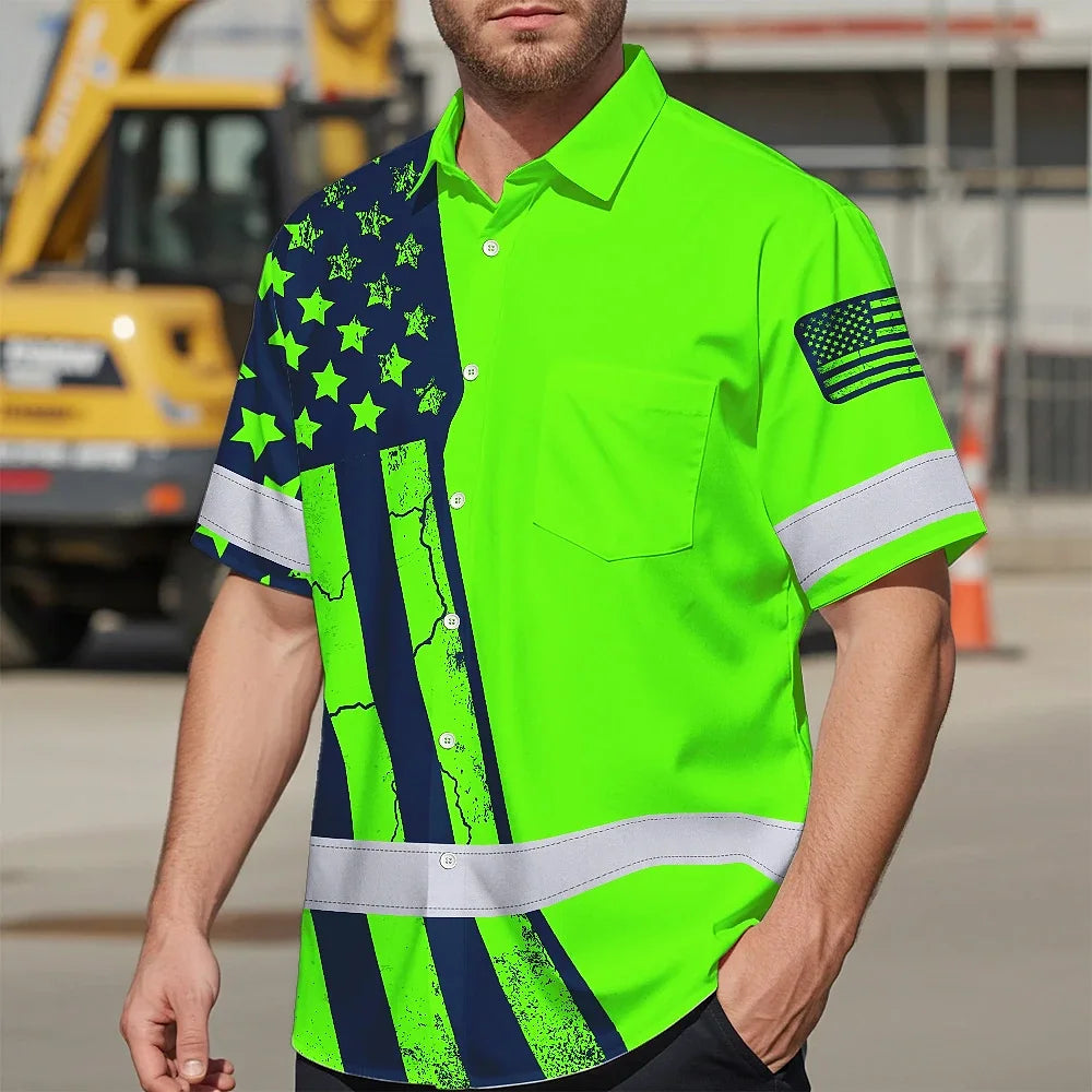Hi Vis Hawaiian American Flag Shirt, Green Neon Custom Name Reflective Short Sleeve Button-up Safety Shirt for Workers