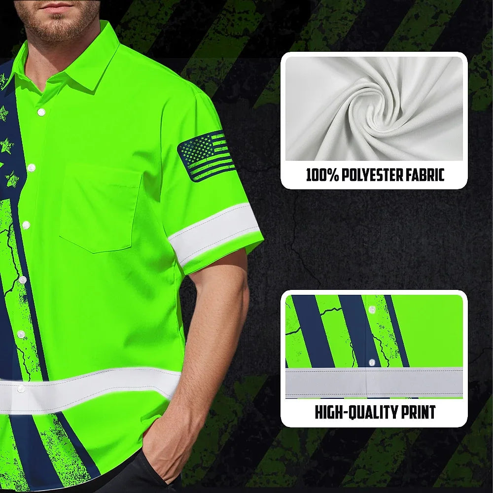 Hi Vis Hawaiian American Flag Shirt, Green Neon Custom Name Reflective Short Sleeve Button-up Safety Shirt for Workers