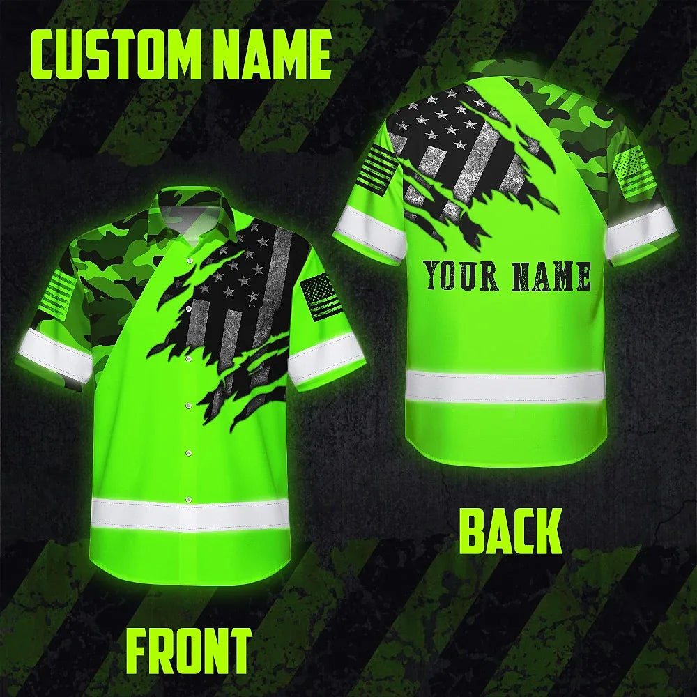 Hi Vis Hawaiian American Flag Shirt, Green Neon Custom Name Reflective Short Sleeve Button-up Safety Shirt for Workers