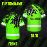 Hi Vis Hawaiian American Flag Shirt, Green Neon Custom Name Reflective Short Sleeve Button-up Safety Shirt for Workers