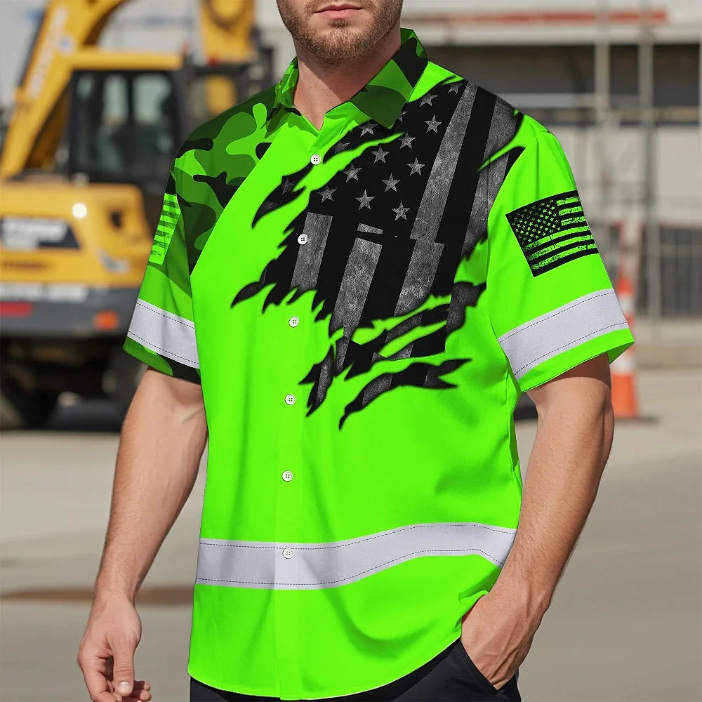 Hi Vis Hawaiian American Flag Shirt, Green Neon Custom Name Reflective Short Sleeve Button-up Safety Shirt for Workers