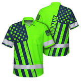 Hi Vis Hawaiian American Flag Shirt, Green Neon Custom Name Reflective Short Sleeve Button-up Safety Shirt for Workers