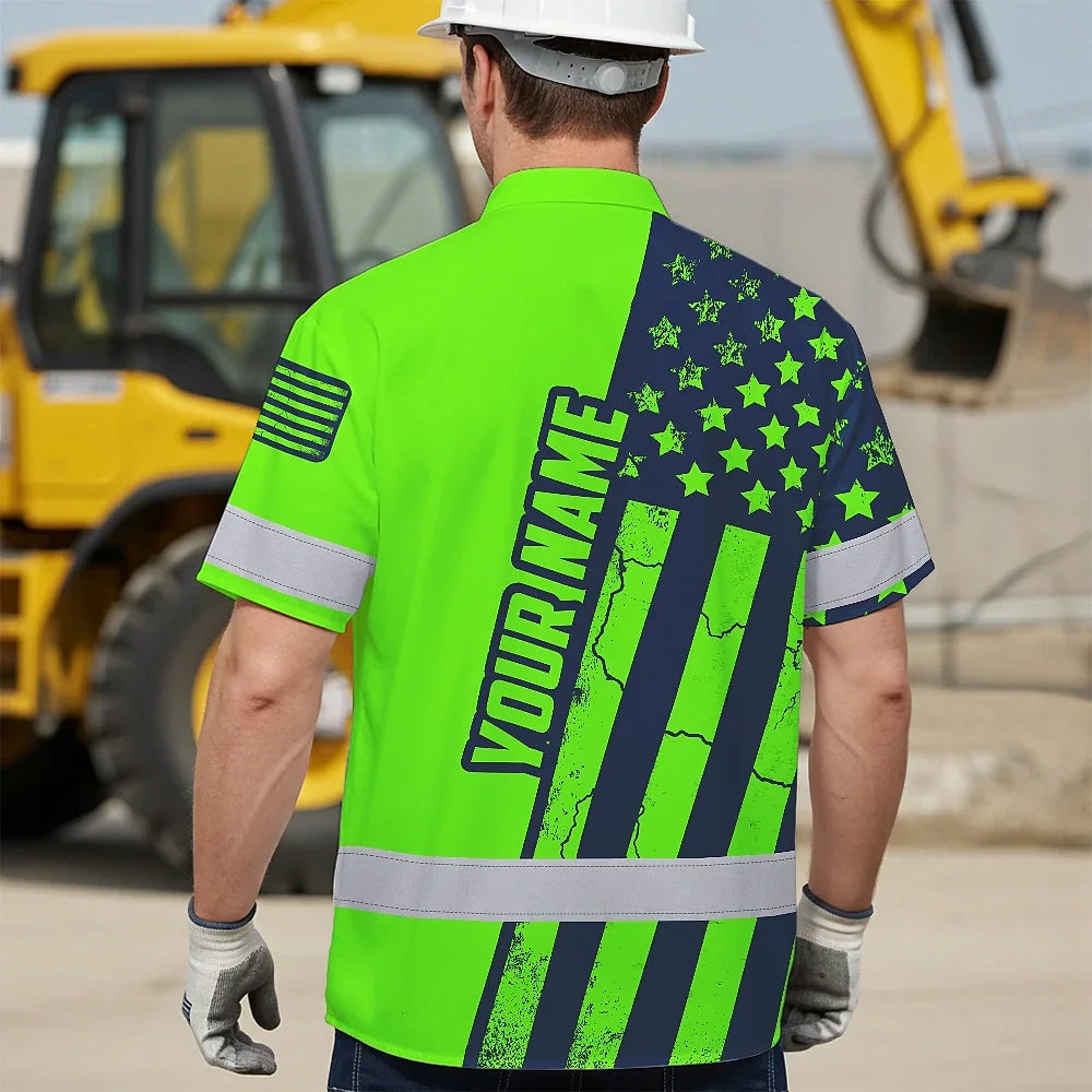 Hi Vis Hawaiian American Flag Shirt, Green Neon Custom Name Reflective Short Sleeve Button-up Safety Shirt for Workers