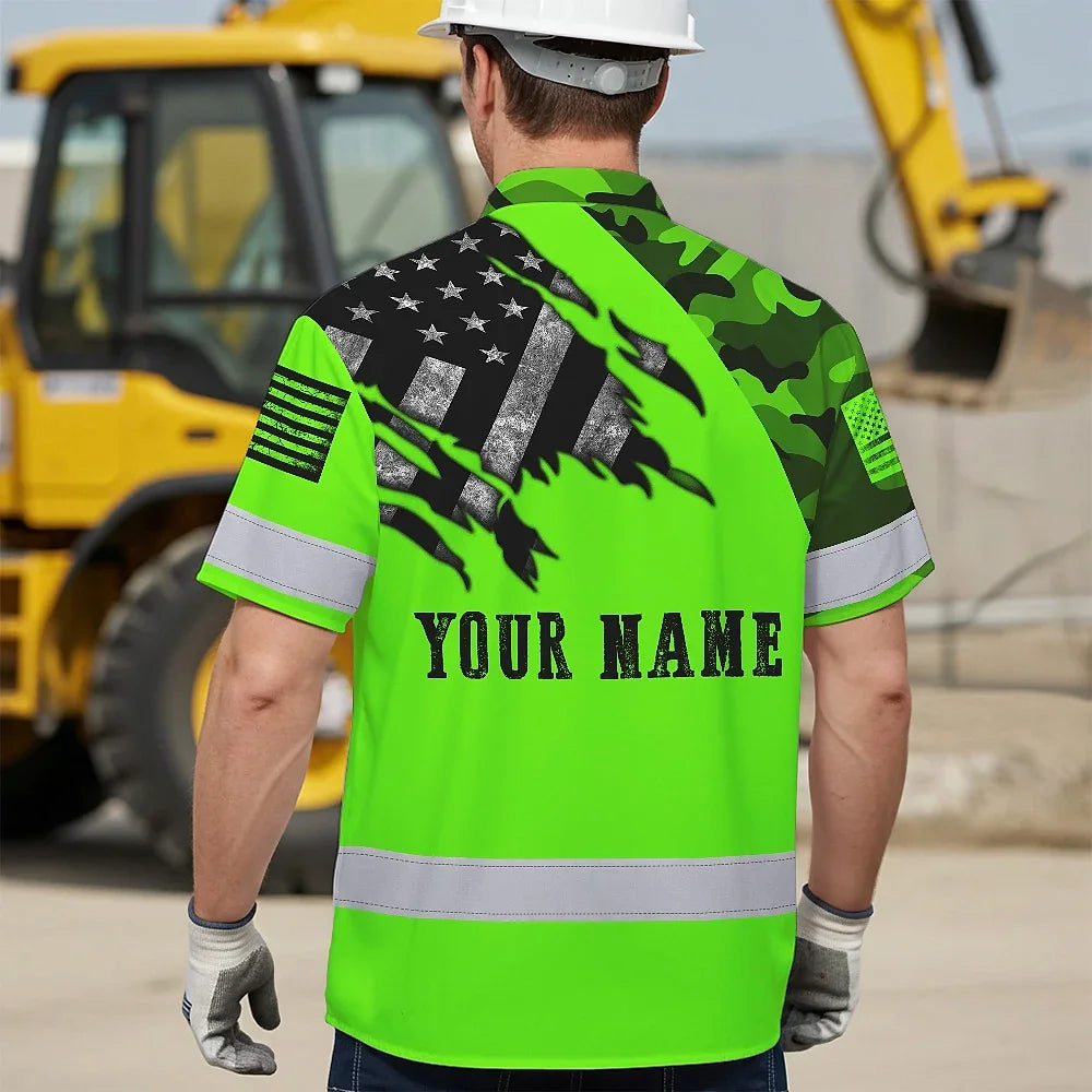 Hi Vis Hawaiian American Flag Shirt, Green Neon Custom Name Reflective Short Sleeve Button-up Safety Shirt for Workers