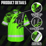 Hi Vis Hawaiian American Flag Shirt, Green Neon Custom Name Reflective Short Sleeve Button-up Safety Shirt for Workers