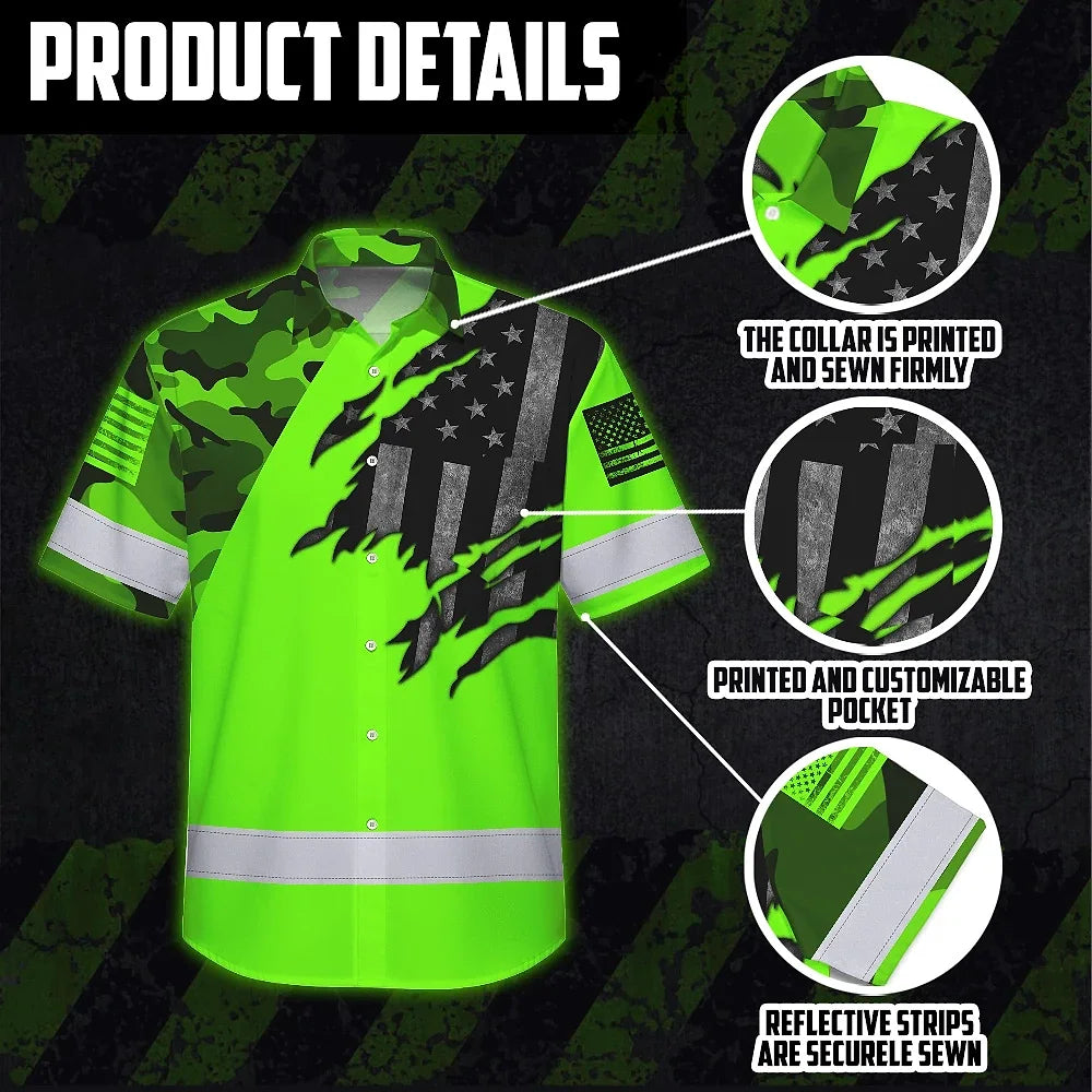 Hi Vis Hawaiian American Flag Shirt, Green Neon Custom Name Reflective Short Sleeve Button-up Safety Shirt for Workers