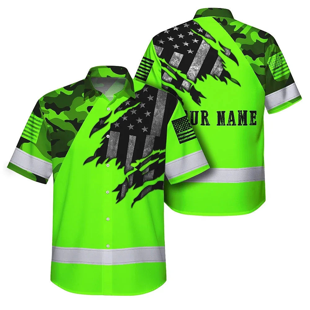 Hi Vis Hawaiian American Flag Shirt, Green Neon Custom Name Reflective Short Sleeve Button-up Safety Shirt for Workers