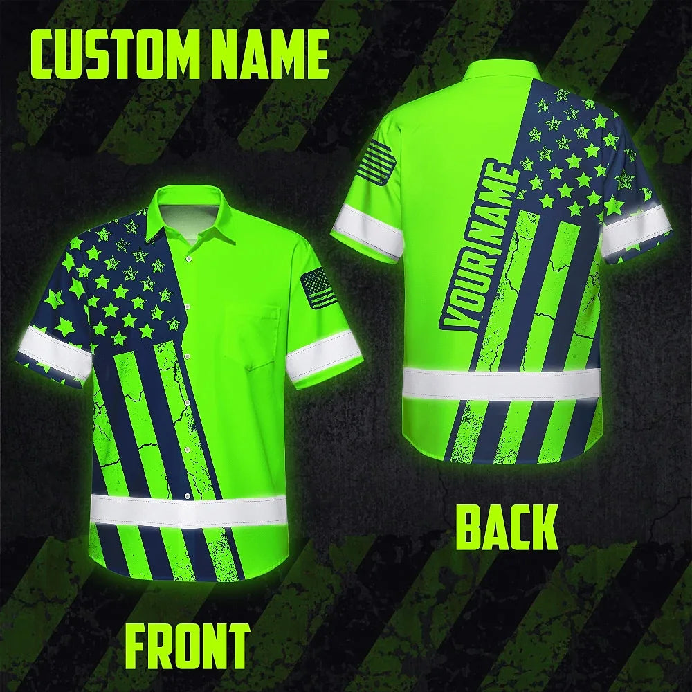 Hi Vis Hawaiian American Flag Shirt, Green Neon Custom Name Reflective Short Sleeve Button-up Safety Shirt for Workers