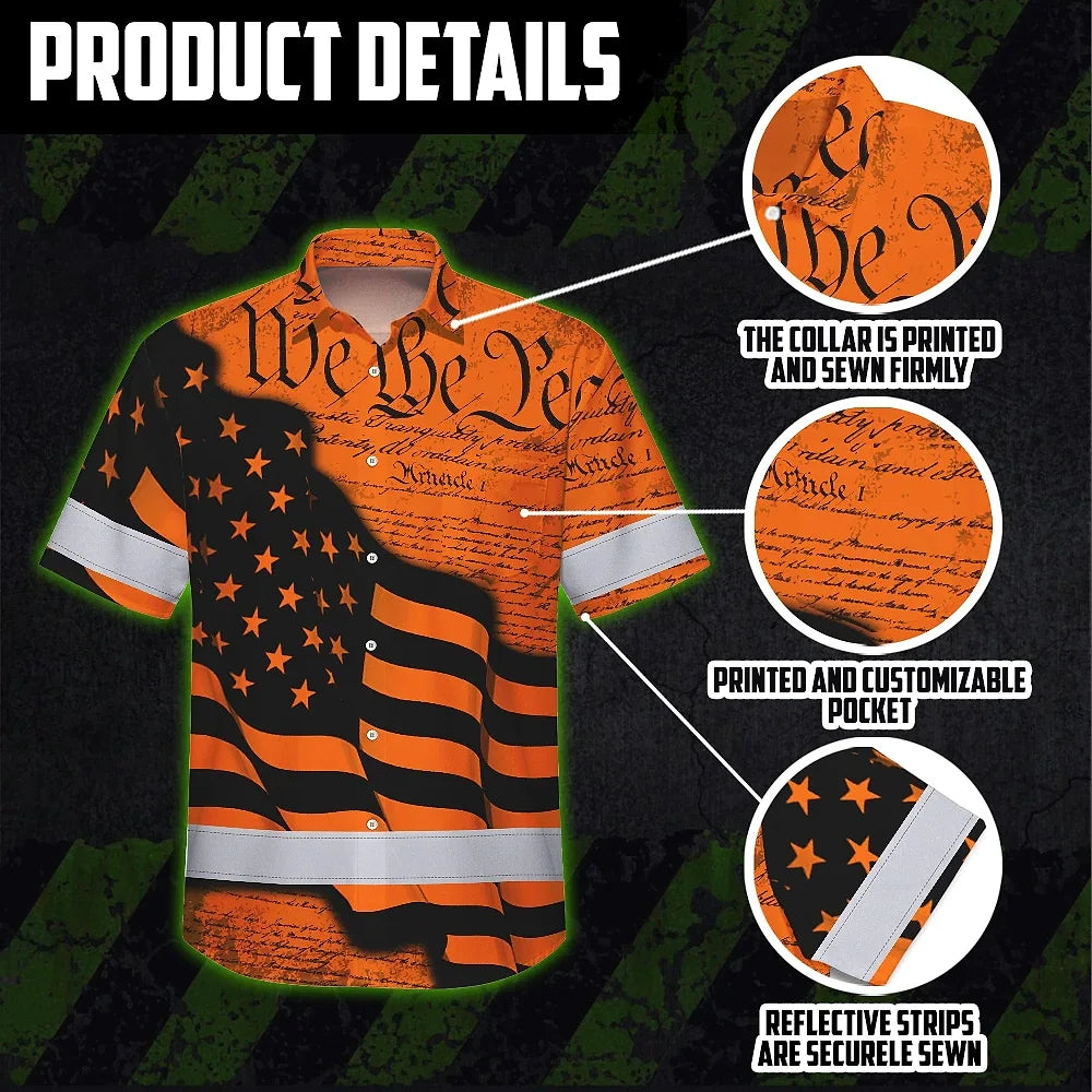 Hi Vis Hawaiian American Flag Shirt, Orange Neon Custom Name Reflective Short Sleeve Button-up Safety Shirt for Workers