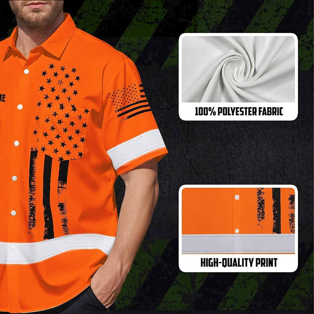 Hi Vis Hawaiian American Flag Shirt, Orange Neon Custom Name Reflective Short Sleeve Button-up Safety Shirt for Workers