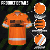 Hi Vis Hawaiian American Flag Shirt, Orange Neon Custom Name Reflective Short Sleeve Button-up Safety Shirt for Workers