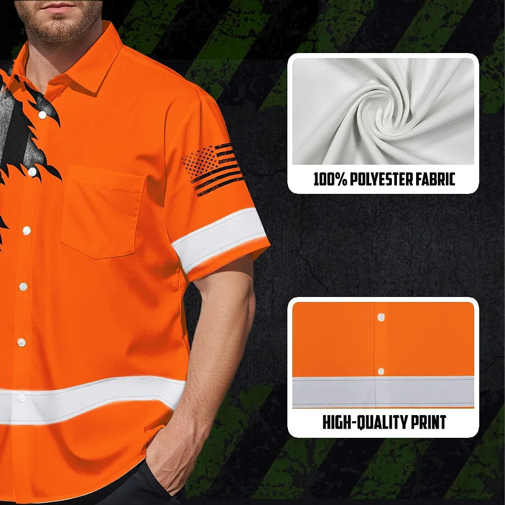 Hi Vis Hawaiian American Flag Shirt, Orange Neon Custom Name Reflective Short Sleeve Button-up Safety Shirt for Workers