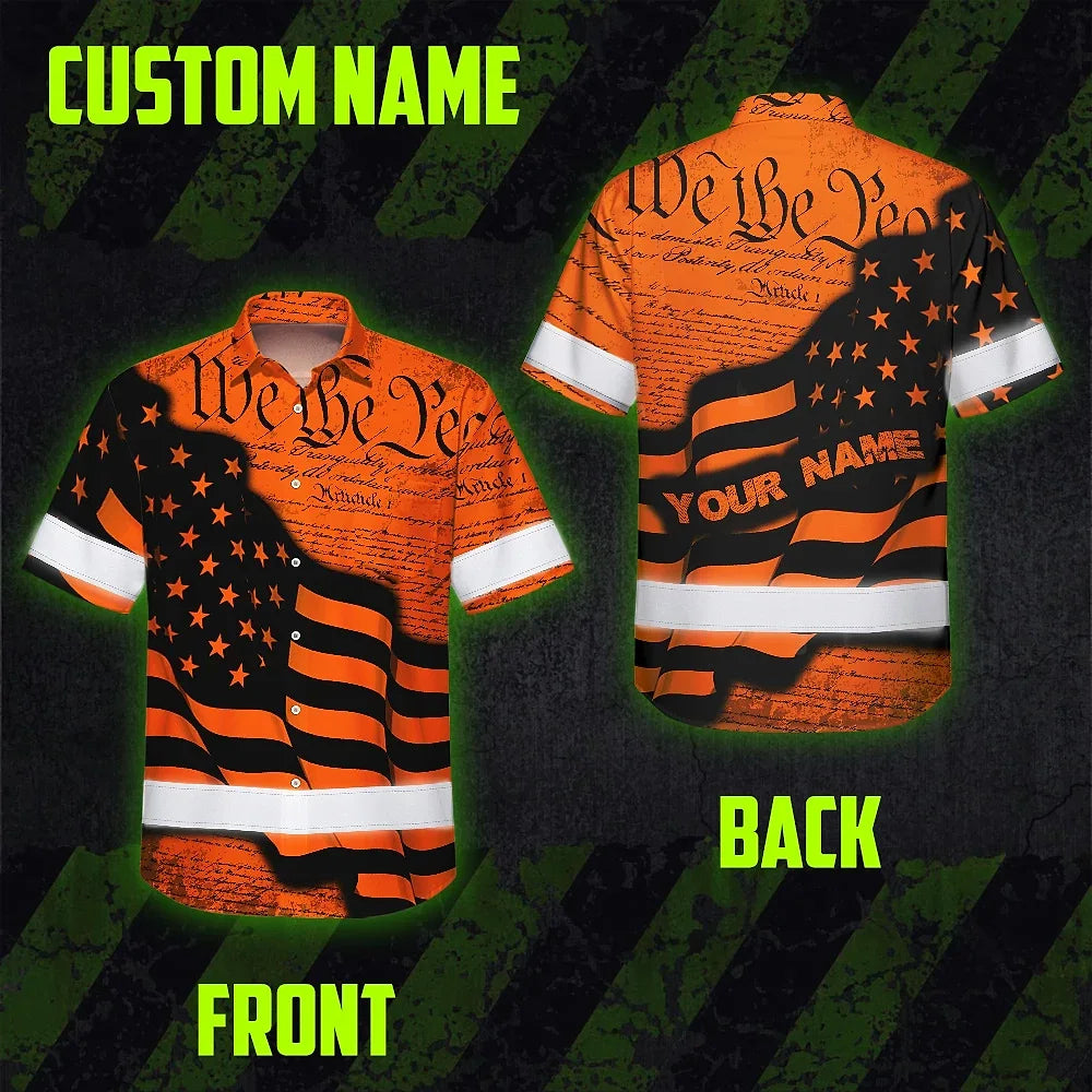 Hi Vis Hawaiian American Flag Shirt, Orange Neon Custom Name Reflective Short Sleeve Button-up Safety Shirt for Workers