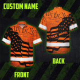 Hi Vis Hawaiian American Flag Shirt, Orange Neon Custom Name Reflective Short Sleeve Button-up Safety Shirt for Workers