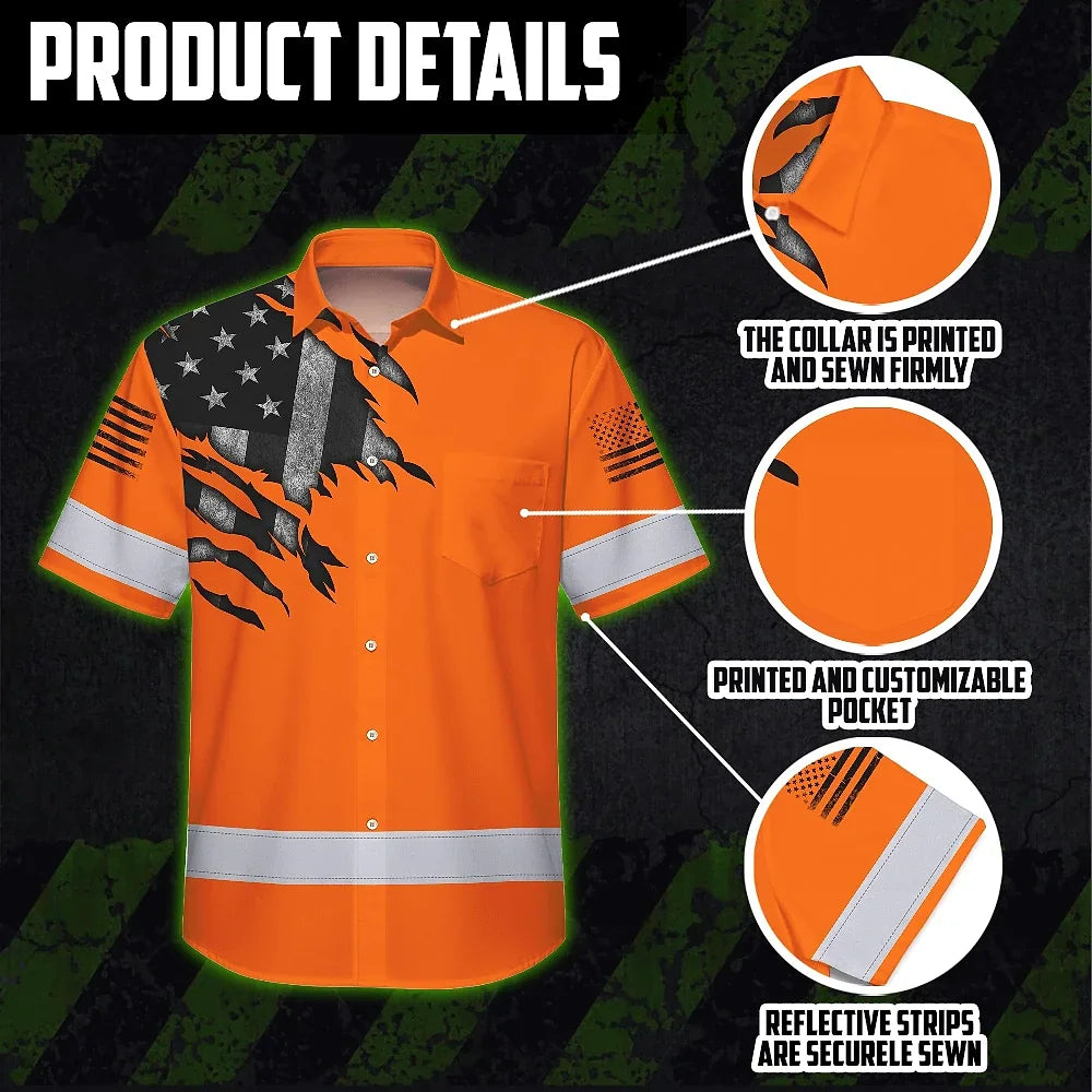 Hi Vis Hawaiian American Flag Shirt, Orange Neon Custom Name Reflective Short Sleeve Button-up Safety Shirt for Workers