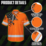 Hi Vis Hawaiian American Flag Shirt, Orange Neon Custom Name Reflective Short Sleeve Button-up Safety Shirt for Workers