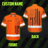 Hi Vis Hawaiian American Flag Shirt, Orange Neon Custom Name Reflective Short Sleeve Button-up Safety Shirt for Workers