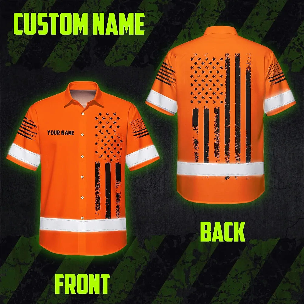 Hi Vis Hawaiian American Flag Shirt, Orange Neon Custom Name Reflective Short Sleeve Button-up Safety Shirt for Workers