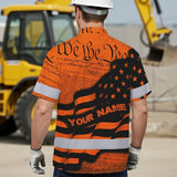 Hi Vis Hawaiian American Flag Shirt, Orange Neon Custom Name Reflective Short Sleeve Button-up Safety Shirt for Workers